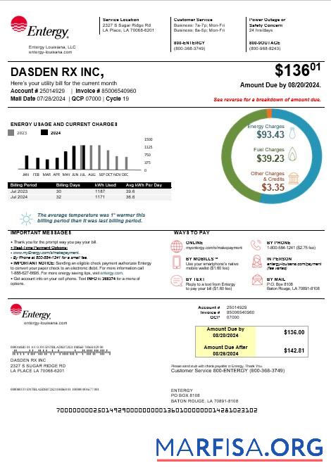 Realistic USA Louisiana Entergy business utility bill template in Word and PDF formats, version 2